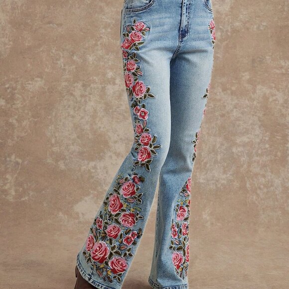 Light Wash Boho Women's High Rise Floral Denim Jeans - Picture 4 of 7